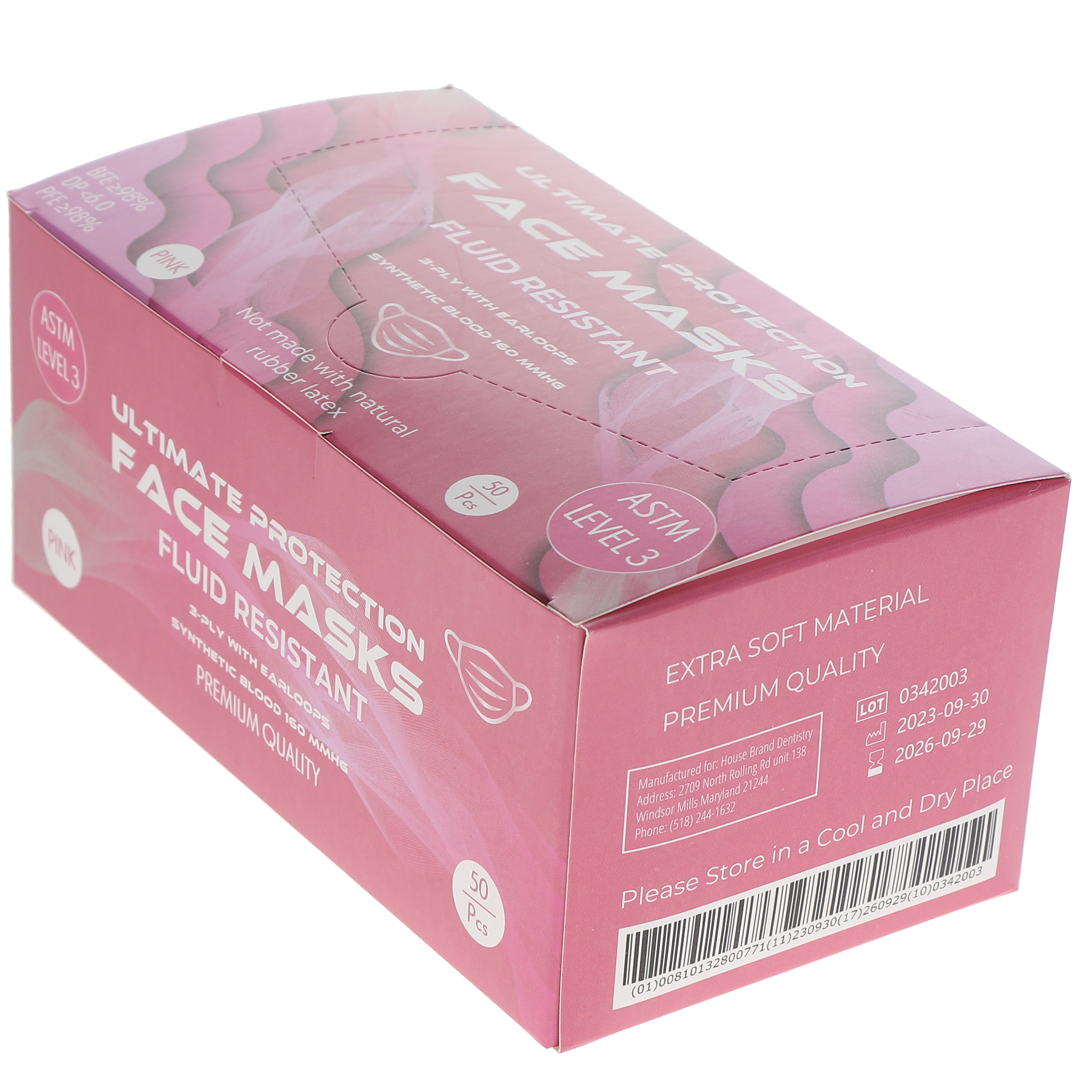 House Brand Dentistry 109131 HSB Earloop Face Masks 3-Ply ASTM Level 3 Pink 50/Bx House Brand Dentistry 109131 HSB Earloop Face Masks 3-Ply ASTM Level 3 Pink 50/Bx